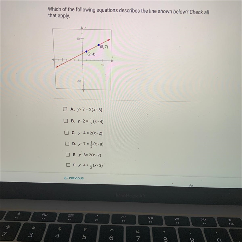 Which of the following equations describes the line shown below? Check all that apply-example-1