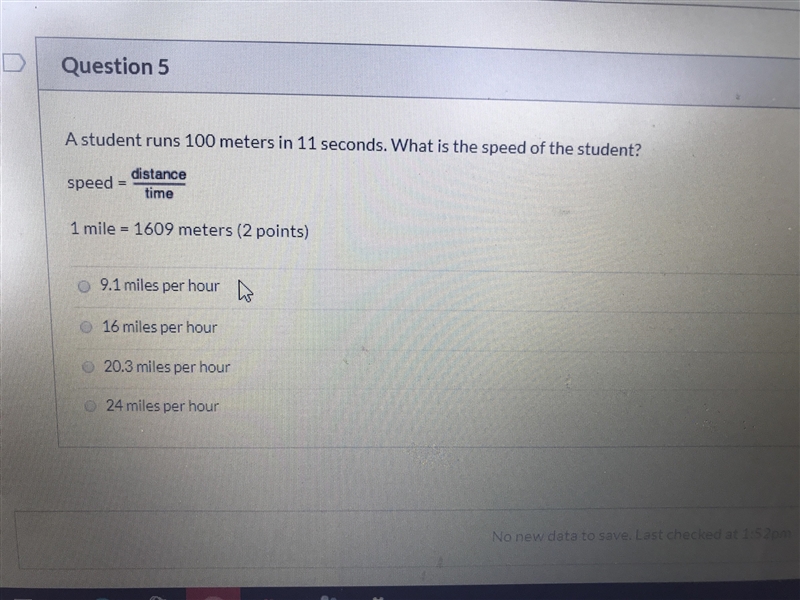 A student runs 100 meters in 11 seconds. What is the speed of the student?-example-1