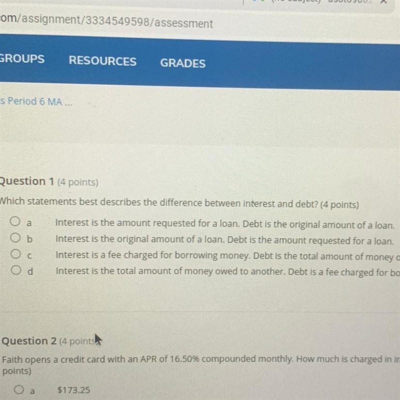 Which statements best describes the difference between interest and debt-example-1