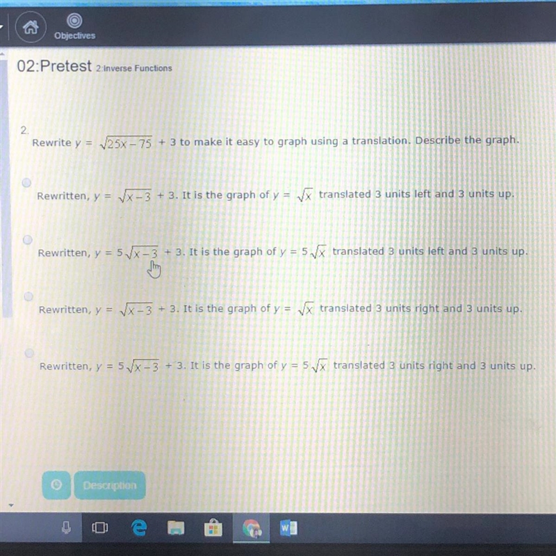 Rewrite y = square root 25X - 75 + 3 to make it easy to graph using a translation-example-1