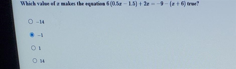 Which value of I makes the equation 6 (0.52 – 1.5) + 20 =-9- (1 + 6) true? 0 - 14 O-example-1