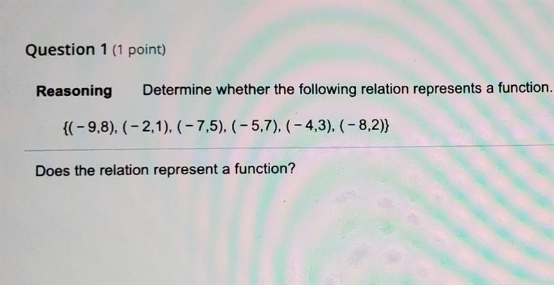 Determine whether the following relation represents a function. {(-9,8), (-2,1), (-7,5), (-4,3), (-8,2)}​-example-1