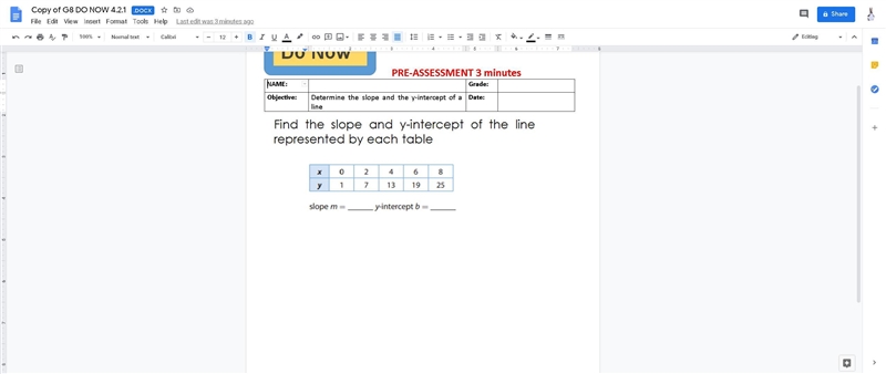 Find the slope and y intercept of the line represented by each table-example-1