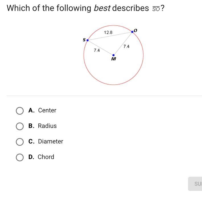 Which of the following best describes so ? A. Center B. Radius C. Diameter D. Chord-example-1