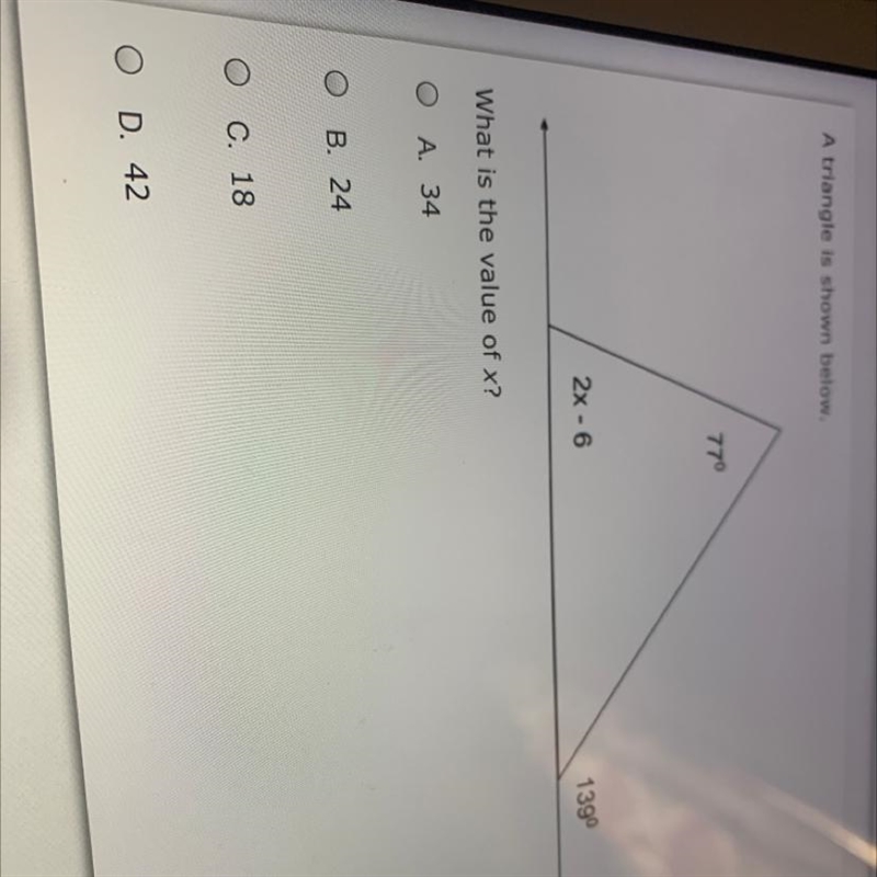 A triangle is shown below. Angles 77, 2x - 6, and 139. What is the value of X-example-1