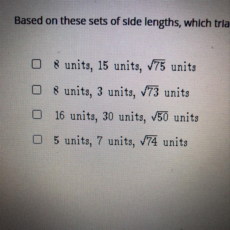 Based on these sets of side lengths, which triangles are right triangles?-example-1