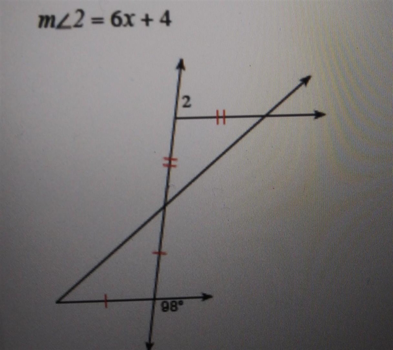 Find the value of x m<2 = 6x + 4​-example-1