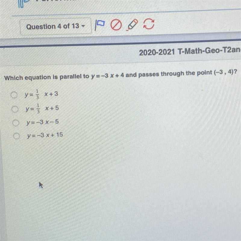 A. Y=1/3x+3 B. Y=1/3x+5 C. Y=-3x-5 D. Y=-3x+15-example-1