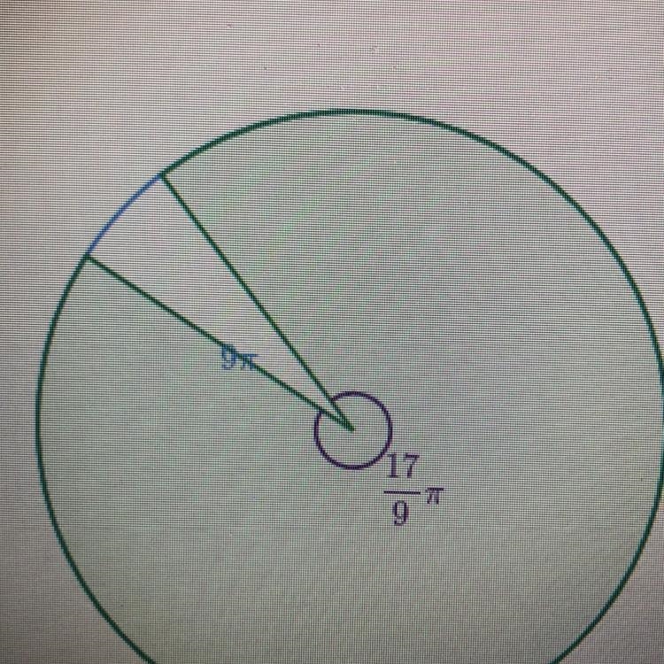 A circle with area 9pi has a sector with a central angle of 17/9pi radians. What is-example-1