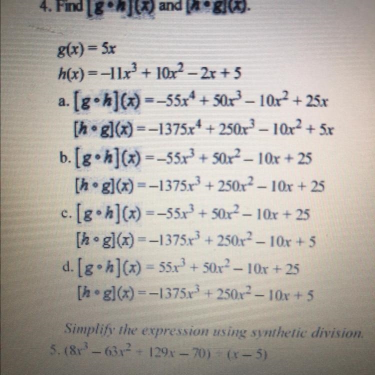 G(x) = 5x h(x) = - 11x ^ 3 + 10x ^ 2 - 2x + 5-example-1