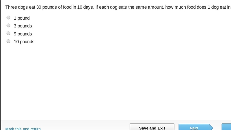 Three dogs eat 30 pounds of food in 10 days. If each dog eats the same amount, how-example-1