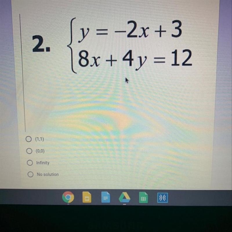 Y=-2x+3 8x+4y=12 1.(1,1) 2.(0,0) 3.infinity 4.no solution-example-1