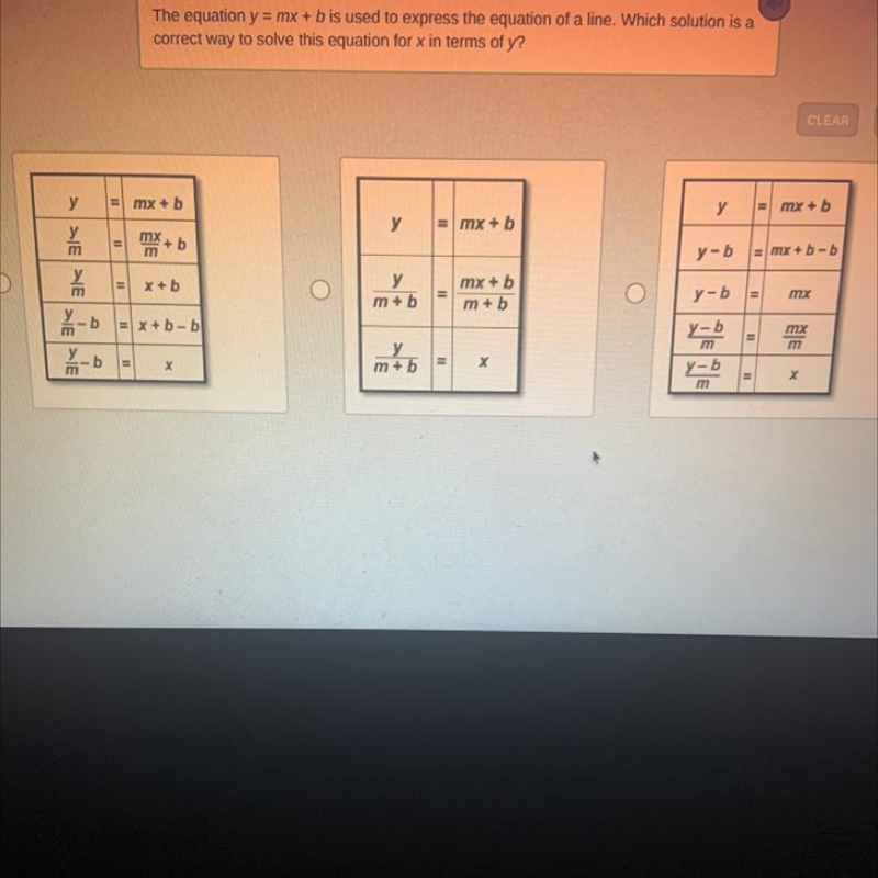 The question y=mx+b is used to express the equation of a line. Which solution is a-example-1