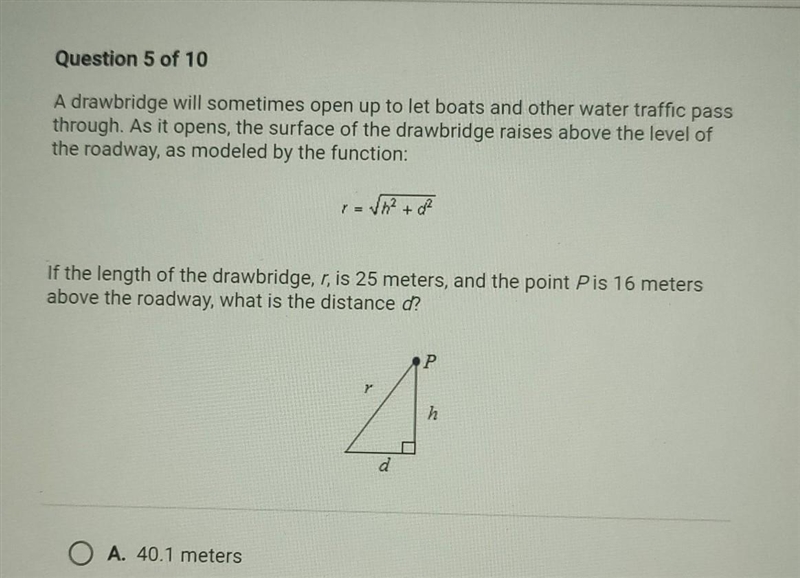 Choices : A. 40.1 meters B. 12.3 meters C. 19.2 meters D. 47 meters ​-example-1