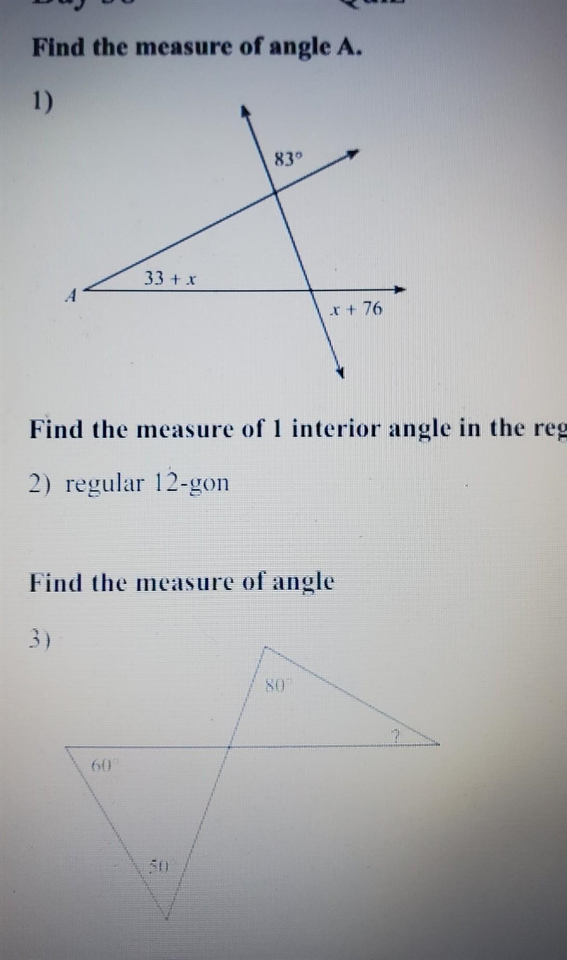 Find measure of angle a. find measure of 1 interior angle in the regular polygon find-example-1