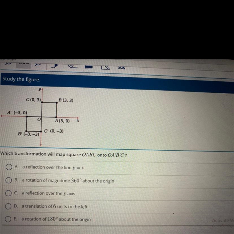 Which transformation will map square OABC onto OA'B'C'? A. a reflection over the line-example-1