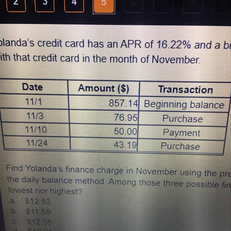 Yolanda's credit card has an APR of 16 22% and a billing cycle of 30 days. The table-example-1