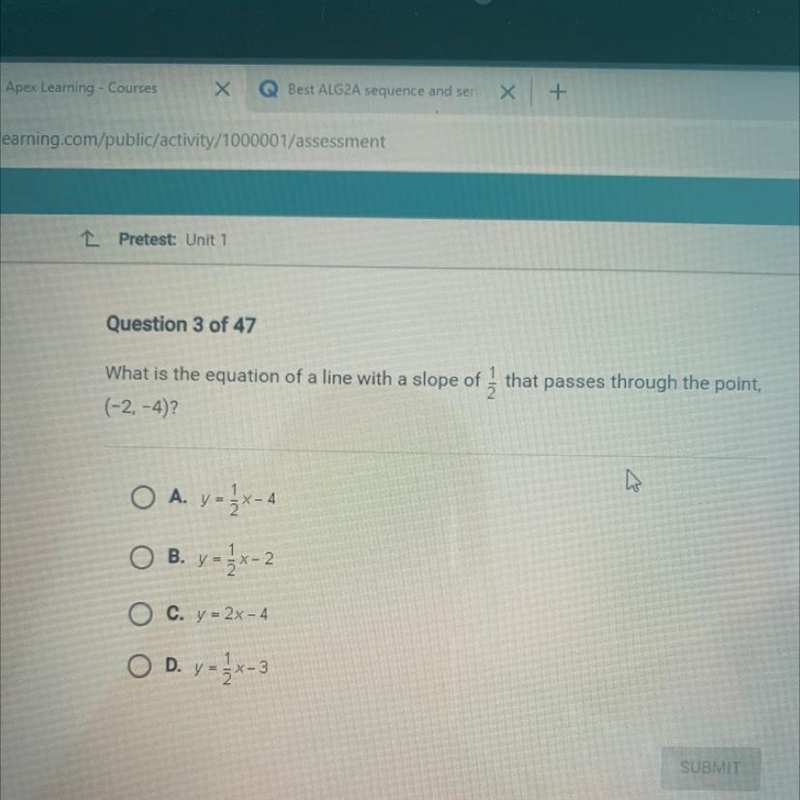 What is the equation of a line with a slope of (-2, -4)? that passes through the point-example-1