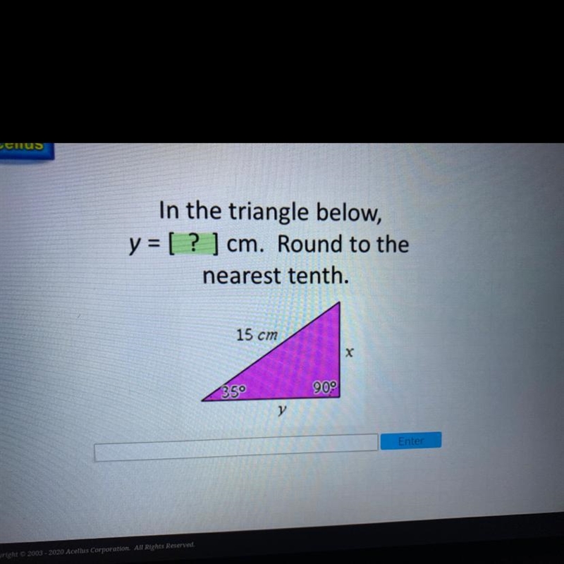 In the triangle below, y = [ ? ] cm. Round to the nearest tenth.-example-1