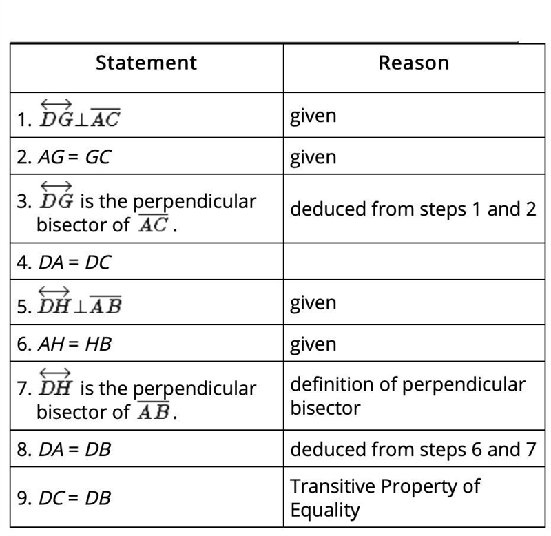 Prove: DC = DB What is the reason for the fourth and eighth steps in the proof? A-example-1