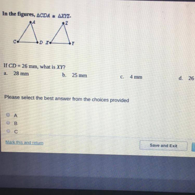 The figure cda and xyz if cd=26 what is xy-example-1