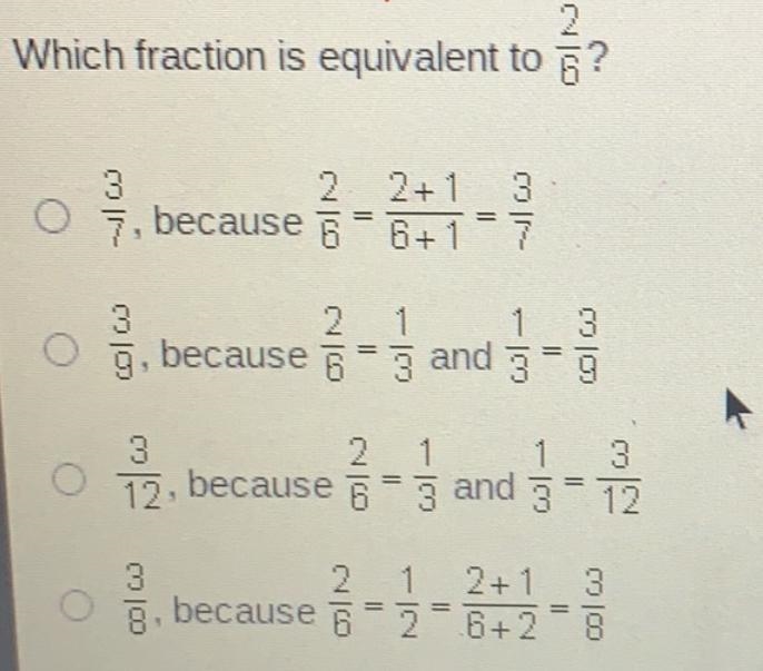 Which fraction is equivalent to 2/6?-example-1