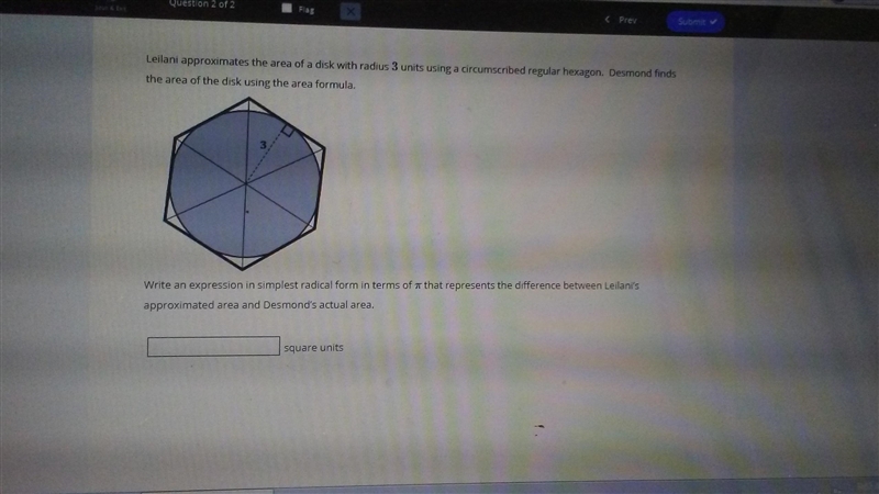 50 points Difference of approximate area of circle using hexagon and using circle-example-1