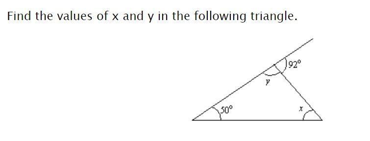 Find the values of x and y in the following triangle-example-1