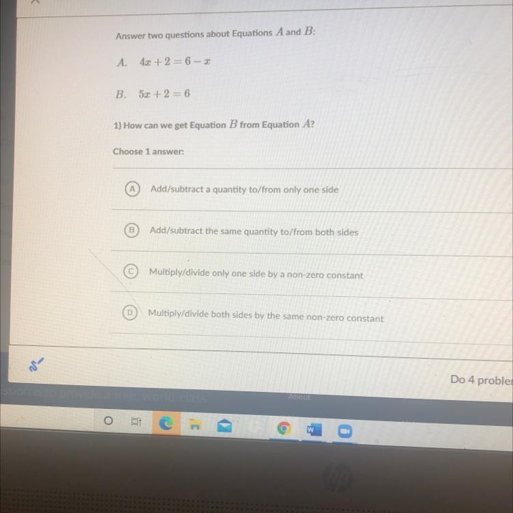 Answer two questions about Equations A and B: A. 42 +2 = 6 - 2 B. 52 + 2 = 6 1) How-example-1