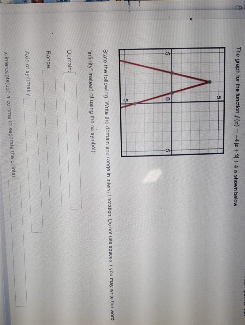 The graph for the function f(x) = -4 |x+2|+4 is shown below​-example-1