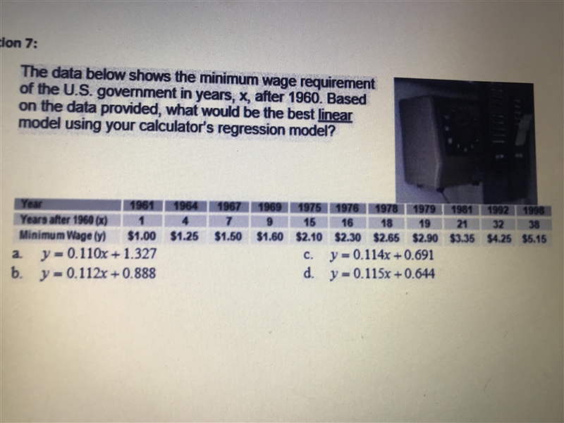 The data below shows the minimum wage requirement of the u.s government in years,x-example-1