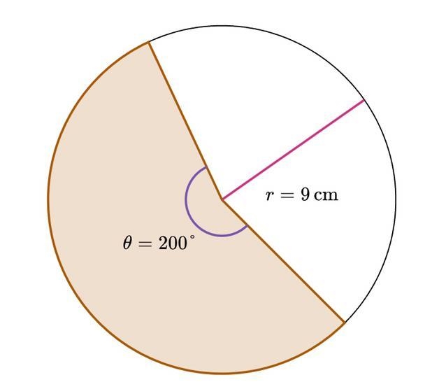 A sector with a central angle measure of 200 degrees has a radius of 9 cm. What is-example-1