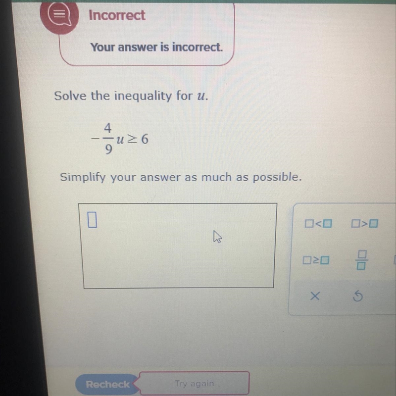 Solve the inequality for u. 4. u>6 9 Simplify your answer as much as possible.-example-1