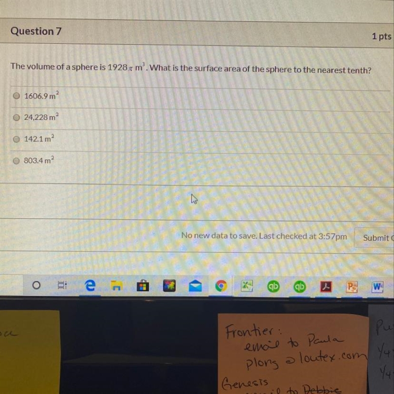 The volume of a sphere is 1928m. What is the surface area of the sphere to the nearest-example-1