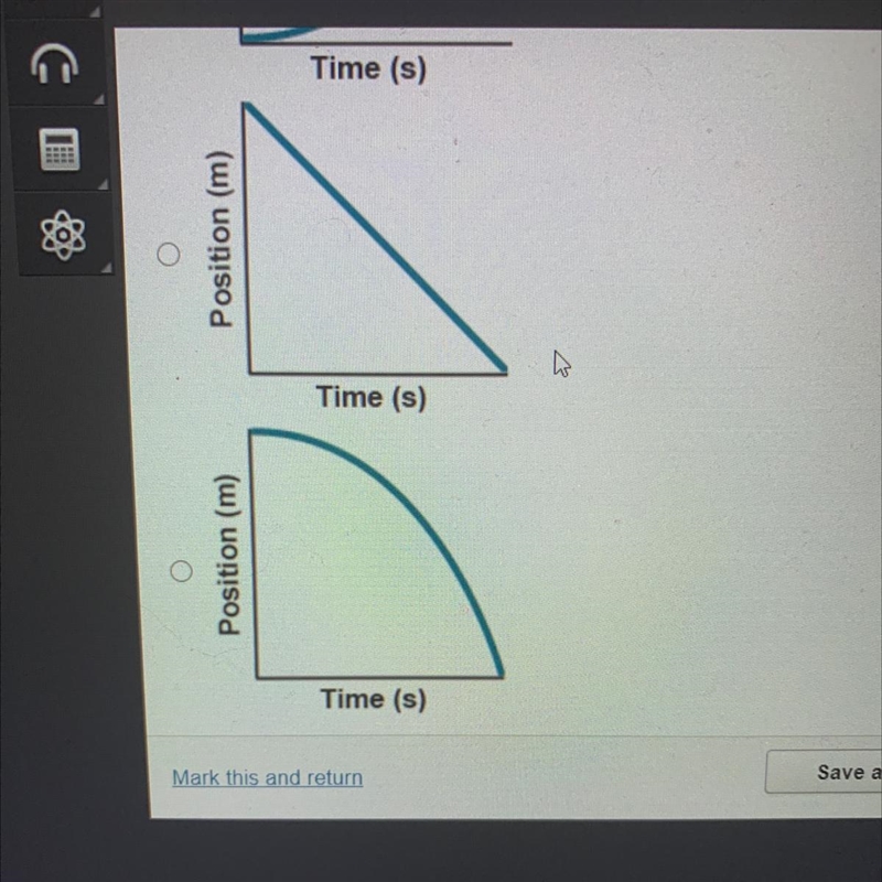 Which graph shows a negative acceleration? Position (m) Time (s)-example-1