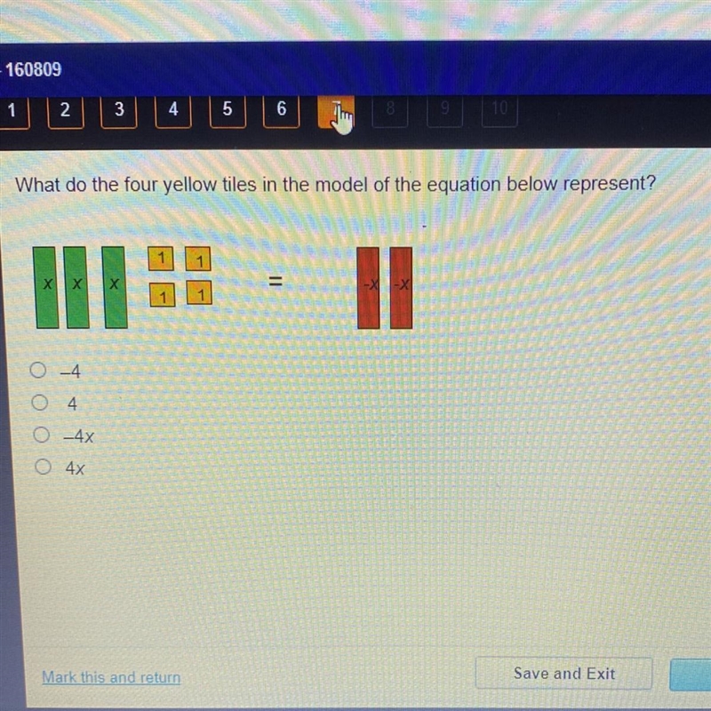 What do the four yellow tiles in the model of the equation below represent? -4 4 - 4x-example-1