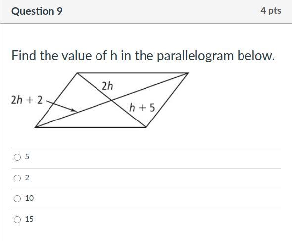 Find the value of h in the parallelogram below.-example-1