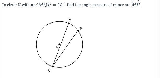 Find the angle measure of minor arc MP.-example-1