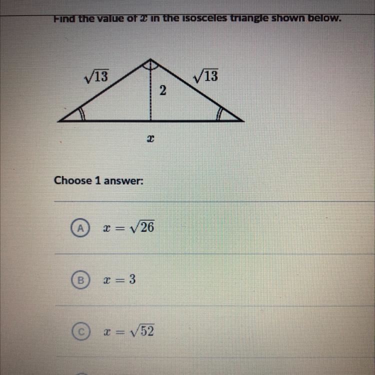 Find the value of x in the isosceles triangle shown below. V13 /13 2-example-1