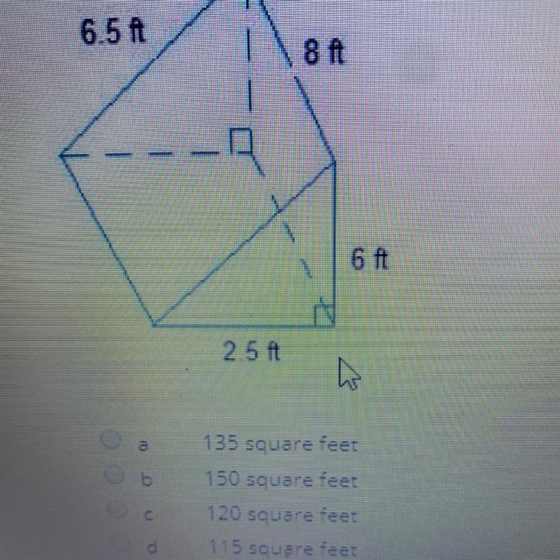 What is the surface area of the triangular prism? A135 B150 C120 D115-example-1