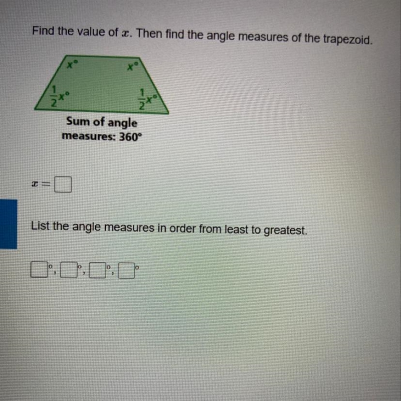 Find the value of x sum of angle measures 360-example-1