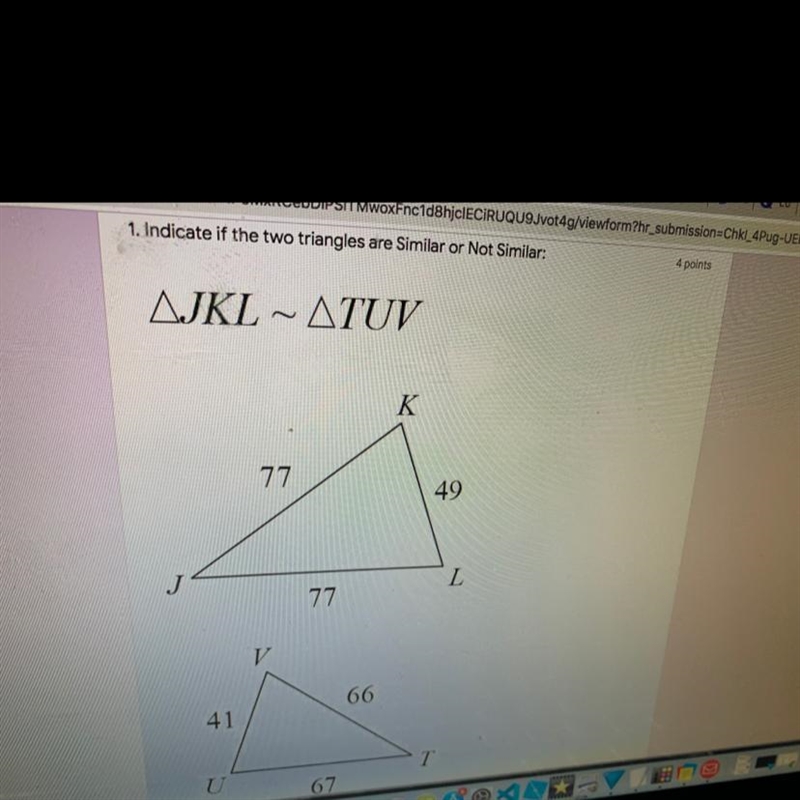 Indicate if the two triangles or similar or not similar-example-1