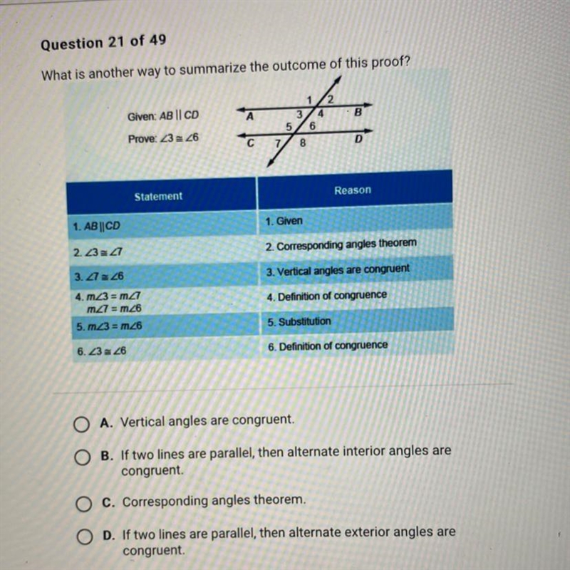 What is another way to summarize the outcome of this proof? 1 Given: AB II CD A B-example-1