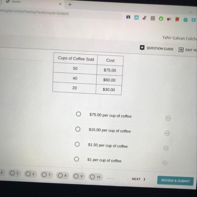 The table shows cups of coffee sold by a coffee shop and the total cost. What is the-example-1