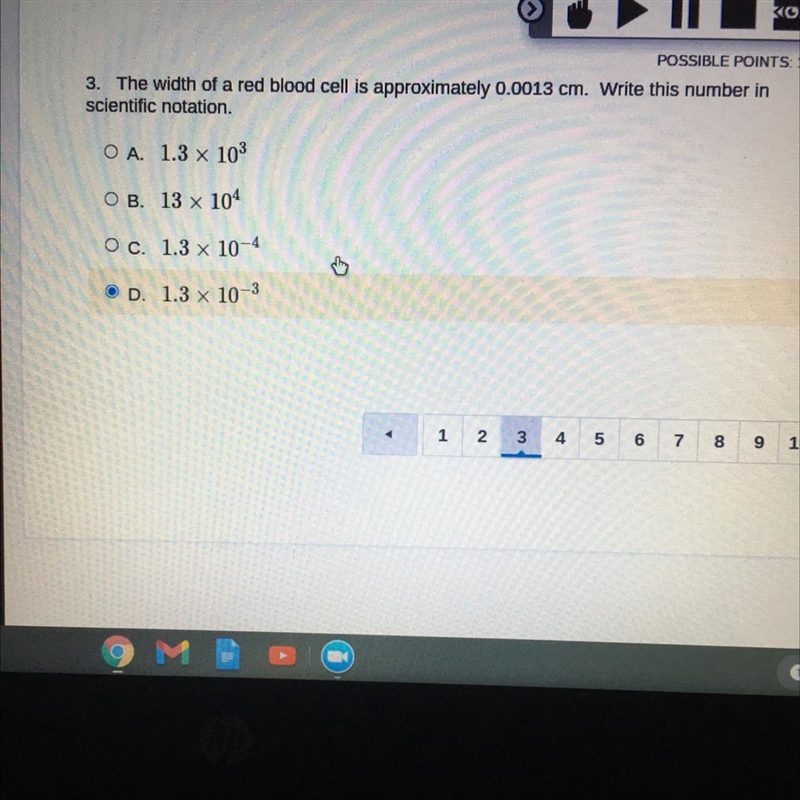 3. The width of a red blood cell is approximately 0.0013 cm. Write this number in-example-1