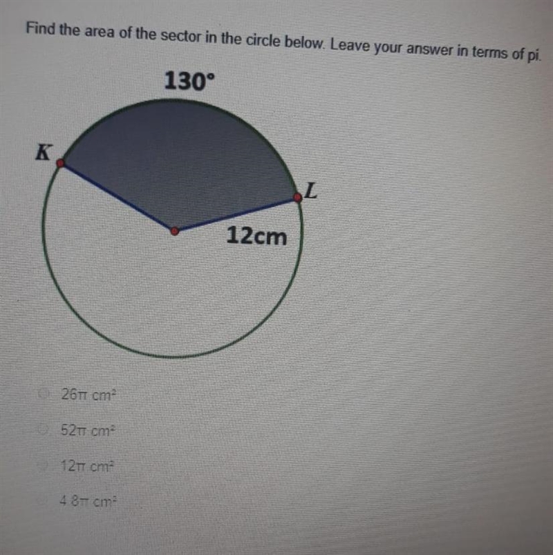 Find the area of the sector in the below . Leave your answer in terms of pi.-example-1