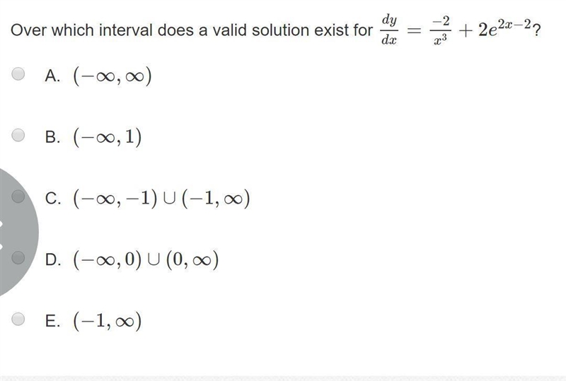 Over which interval does a valid solution exist for dy/dx=−2/(x^(3))+2e^(2x−2)?-example-1