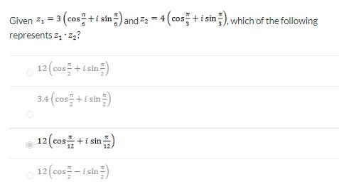 Given the equations, which of the following represents z1 * z2? Using the same values-example-1