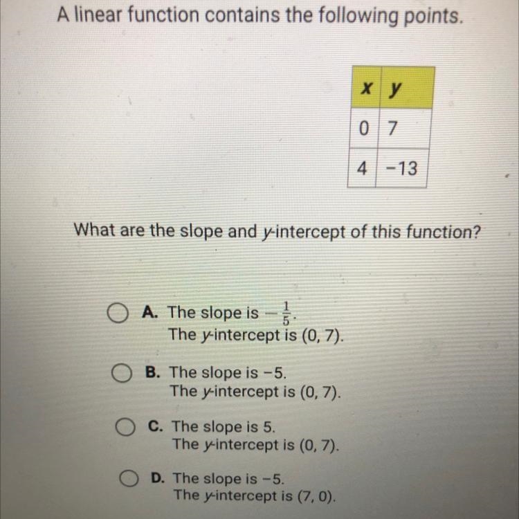 A linear function contains the following points. ху 0 7 4 -13 What are the slope and-example-1