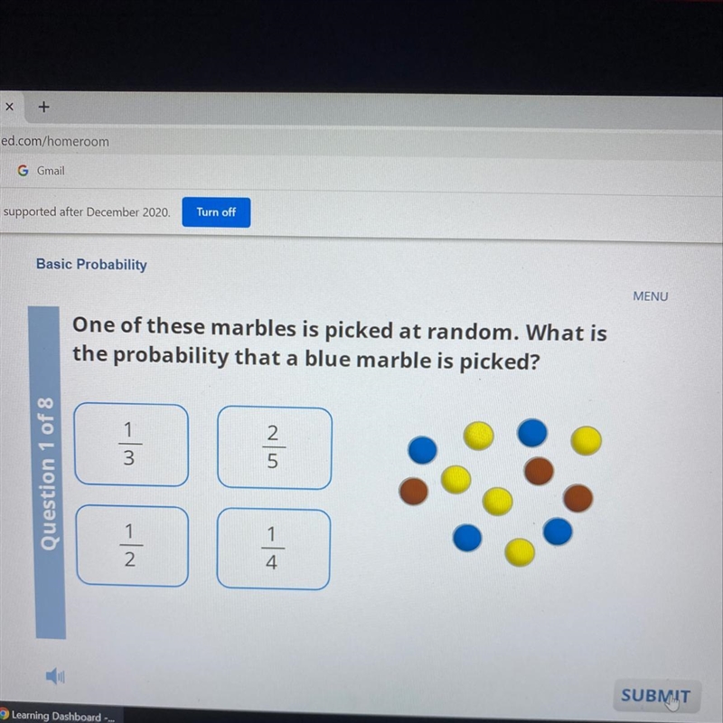 One of these marbles is picked at random. what is the probability that a blue marble-example-1